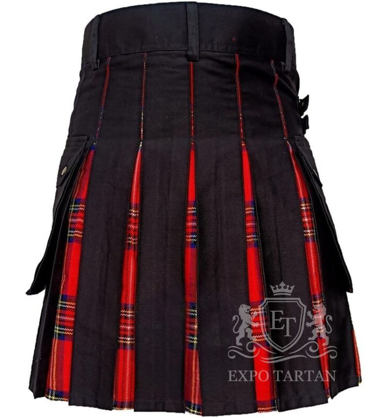 Handmade Black Hybrid Utility Kilt Royal Stewart Tartan with Cargo Pockets