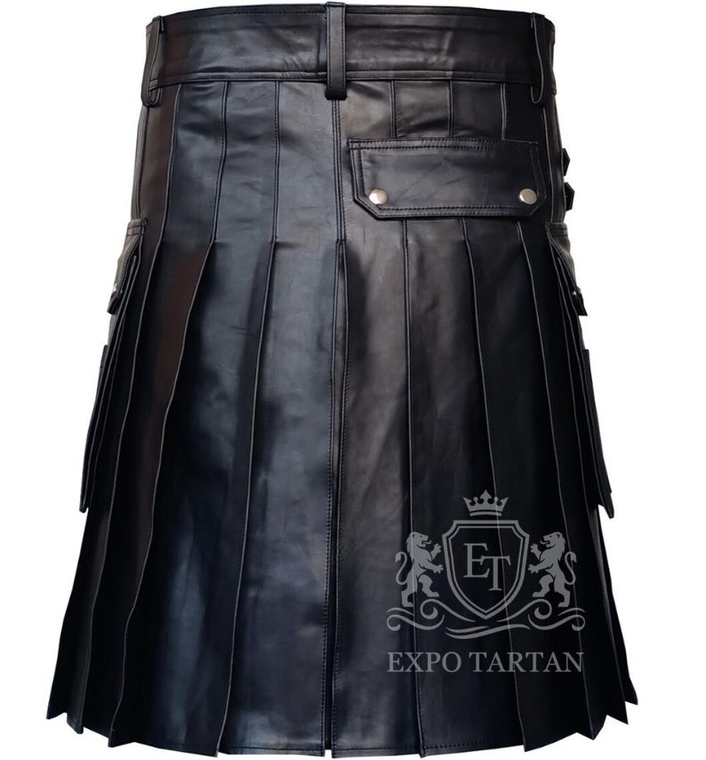 Handmade Black Leather Gothic Kilt Studded Waistband Highland Style Men's Punk Rock Festival Kilt Fashion & Cosplay