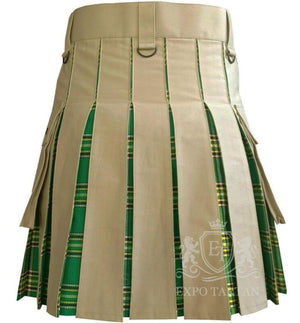 Handmade Irish Green Tartan Hybrid Kilt Khaki Utility with Cargo Pockets