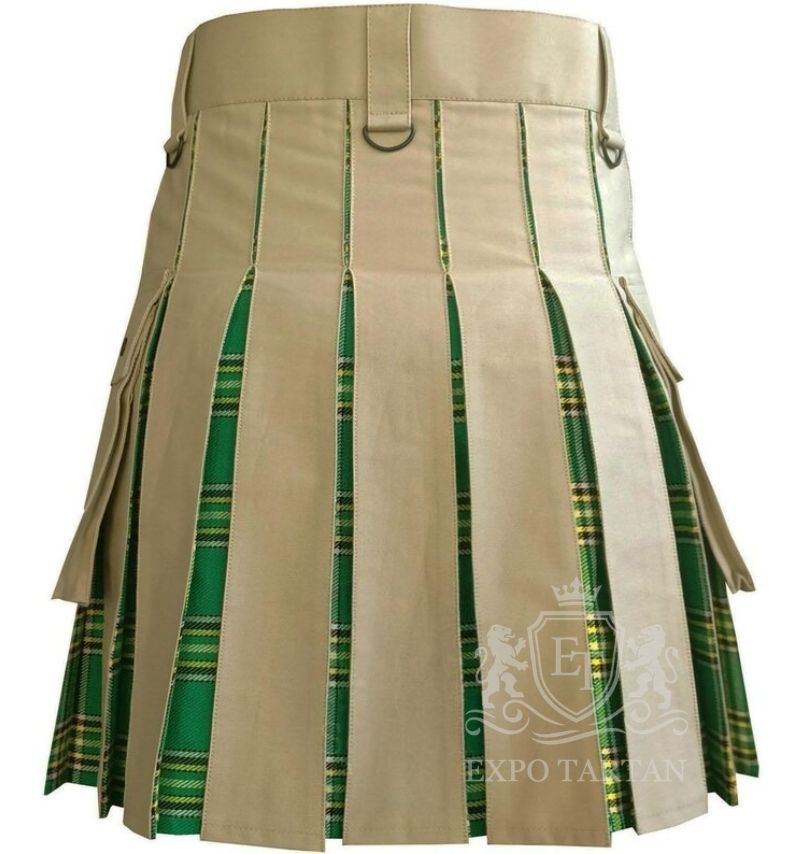 Handmade Irish Green Tartan Hybrid Kilt Khaki Utility with Cargo Pockets