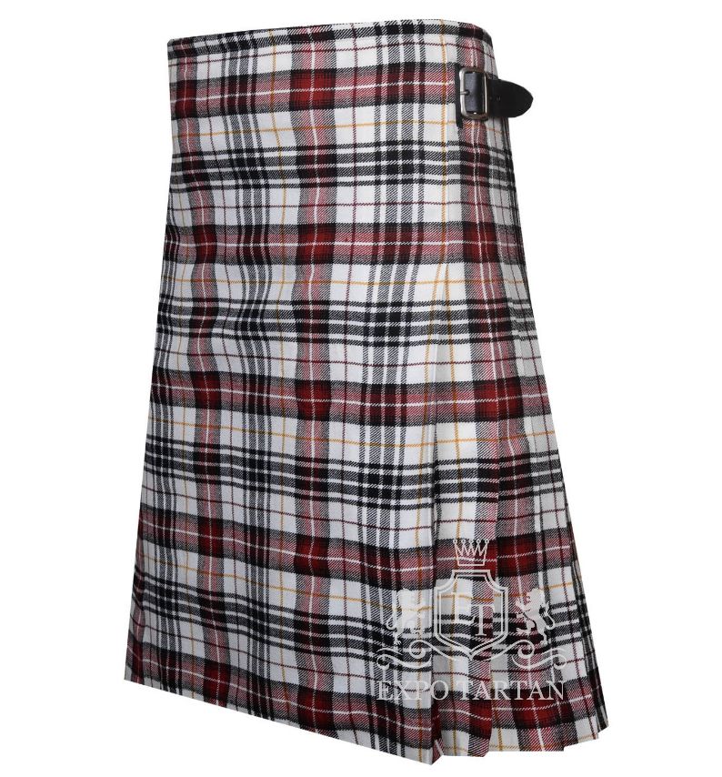 Men's Hannay Dress Tartan Kilt showing traditional knife pleats and black leather side straps in a crisp white sett, intricately intersected by red and black bands with yellow overcheck