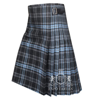 Men's Hebridean Ice Tartan Kilt showing traditional knife pleats and black leather side straps in a cool grey and charcoal sett, intricately intersected by solid black bands and striking icy blue overchecks