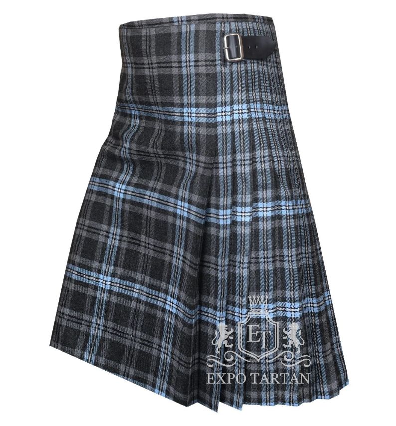Men's Hebridean Ice Tartan Kilt showing traditional knife pleats and black leather side straps in a cool grey and charcoal sett, intricately intersected by solid black bands and striking icy blue overchecks