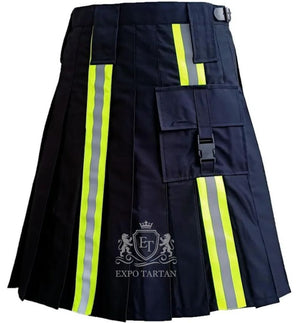 Hi-Vis Reflective Utility Kilt — Black Cotton Firefighter Workwear Kilt | Expo Tartan