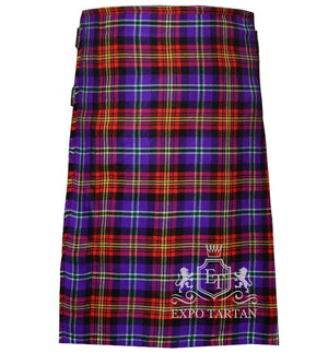 Men's Raymond Lee Hines Sr. Tartan Kilt showing traditional knife pleats and black leather side straps in a vibrant purple and red sett, intricately intersected by black bands and bright yellow and green overcheck