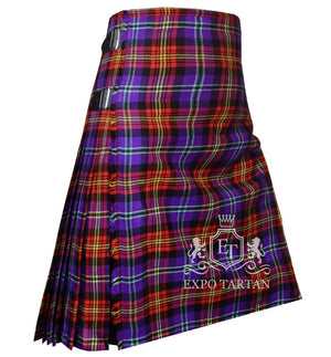 Men's Raymond Lee Hines Sr. Tartan Kilt showing traditional knife pleats and black leather side straps in a vibrant purple and red sett, intricately intersected by black bands and bright yellow and green overcheck