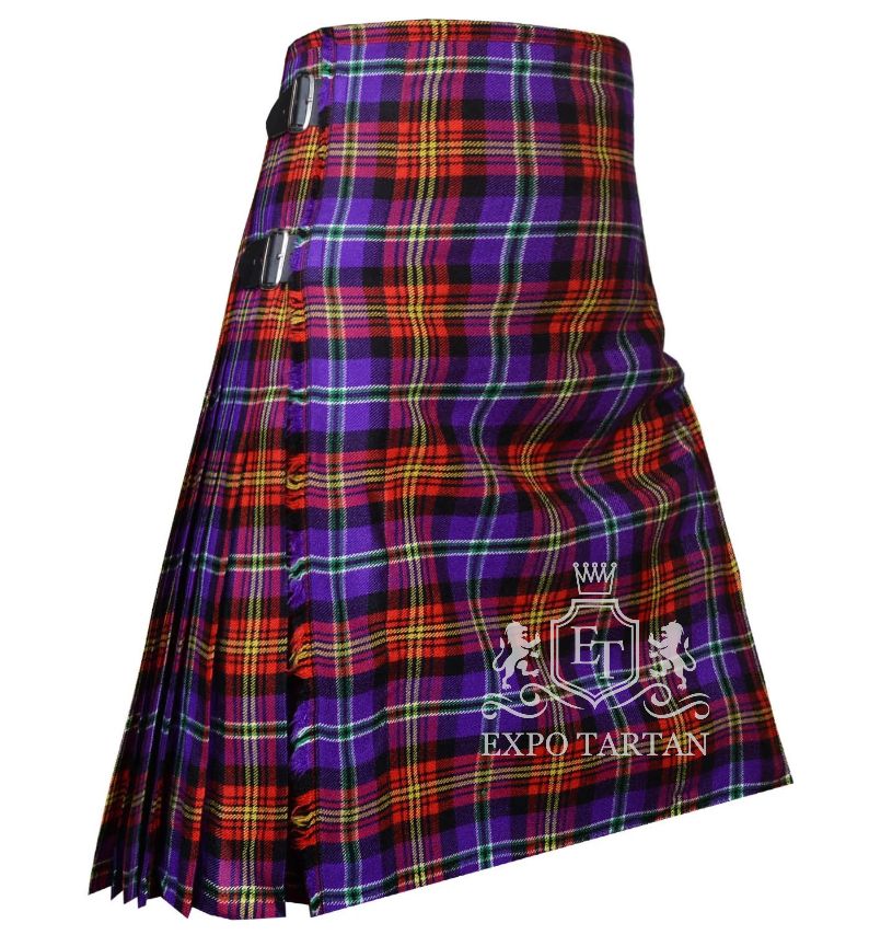 Men's Raymond Lee Hines Sr. Tartan Kilt showing traditional knife pleats and black leather side straps in a vibrant purple and red sett, intricately intersected by black bands and bright yellow and green overcheck
