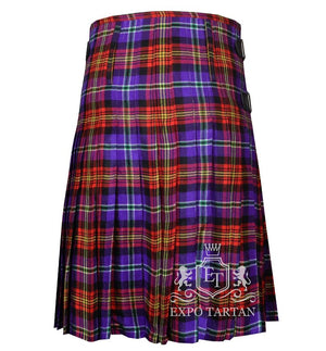 Men's Raymond Lee Hines Sr. Tartan Kilt showing traditional knife pleats and black leather side straps in a vibrant purple and red sett, intricately intersected by black bands and bright yellow and green overcheck