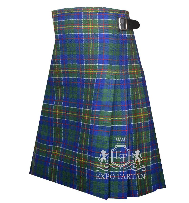 Men's Hunter of Hunterston Tartan Kilt showing traditional knife pleats and black leather side straps in a vibrant royal blue and forest green sett, intricately intersected by red, yellow, and white lines