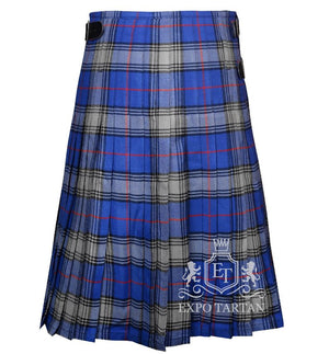Men's Kinnaird Tartan Kilt showing traditional knife pleats and black leather side straps in a vibrant blue and light grey sett, intricately intersected by black bands and bright red overcheck