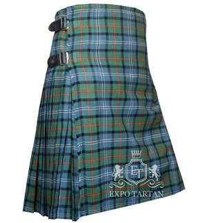 Men's Knights Breton Tartan Kilt showing traditional knife pleats in a light blue and green sett, intricately intersected by black bands and vibrant orange overchecks