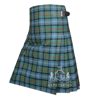 Men's Knights Breton Tartan Kilt showing traditional knife pleats in a light blue and green sett, intricately intersected by black bands and vibrant orange overchecks