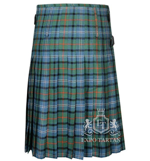 Men's Knights Breton Tartan Kilt showing traditional knife pleats in a light blue and green sett, intricately intersected by black bands and vibrant orange overchecks