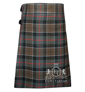 Men's Leslie Green Weathered Tartan Kilt showing traditional knife pleats and black leather side straps in a muted brown and grey-green sett, intricately intersected by dark bands and bright red and white overchecks