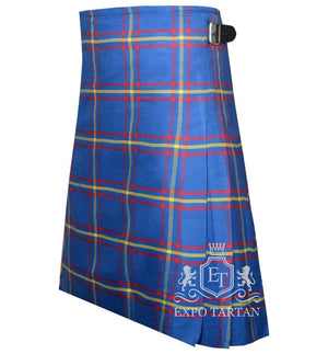 Custom MacLaine of Lochbuie Ancient Tartan Kilt featuring a bright blue, red, and yellow plaid pattern