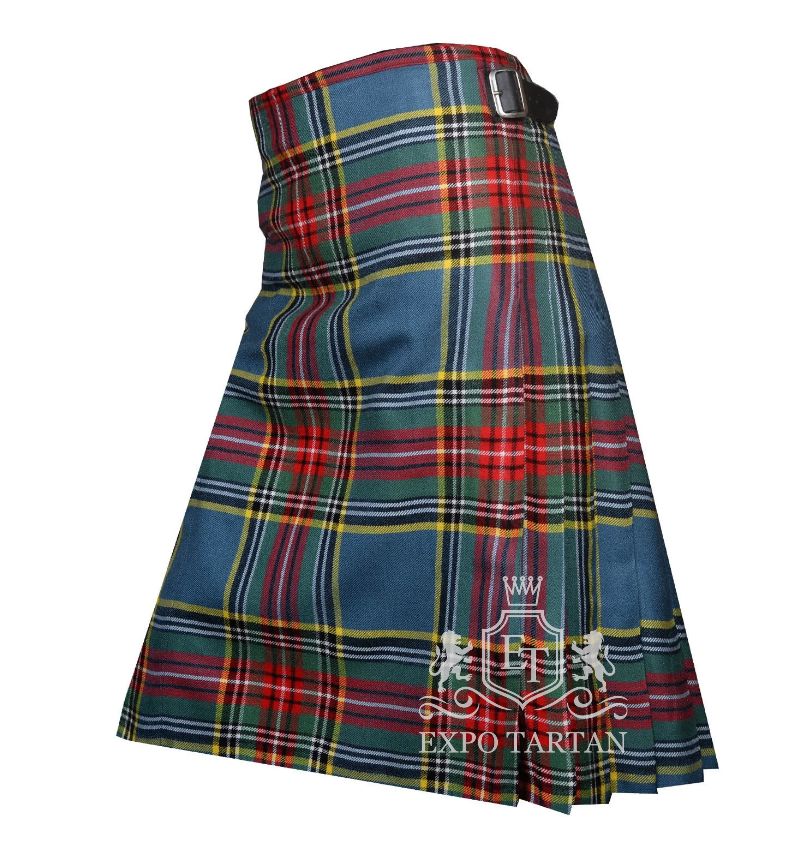 Men's MacBeth Ancient Tartan Kilt showing traditional knife pleats in a soft blue and green sett, intricately intersected by dark bands and vivid red and yellow overcheck