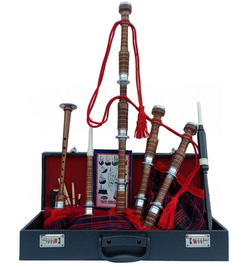 Macdonald Modern Tartan Bagpipe Set Brown & Silver Finish With Hard Case