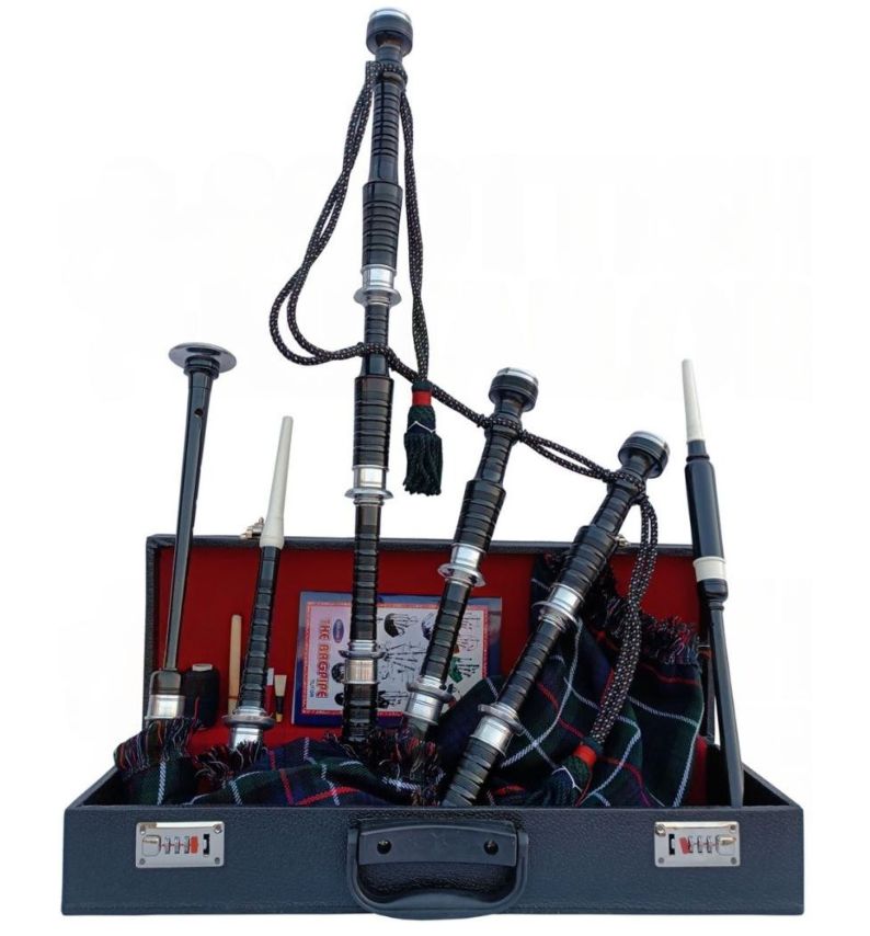 Mackenzie Modern Tartan Black With Silver Finish Bagpipe Set With Hard Case
