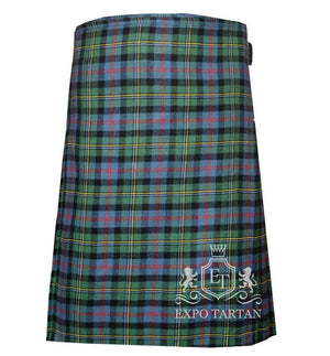 Men's Malcolm Ancient Tartan Kilt showing traditional knife pleats and black leather side straps in a light blue and green sett, intricately intersected by black bands and red and yellow overchecks
