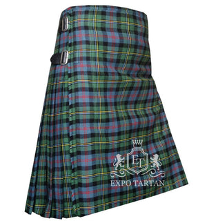 Men's Malcolm Ancient Tartan Kilt showing traditional knife pleats and black leather side straps in a light blue and green sett, intricately intersected by black bands and red and yellow overchecks