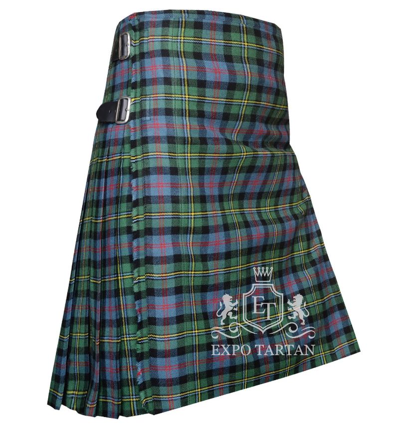 Men's Malcolm Ancient Tartan Kilt showing traditional knife pleats and black leather side straps in a light blue and green sett, intricately intersected by black bands and red and yellow overchecks