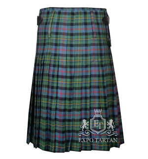 Men's Malcolm Ancient Tartan Kilt showing traditional knife pleats and black leather side straps in a light blue and green sett, intricately intersected by black bands and red and yellow overchecks