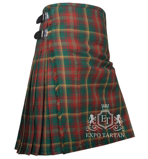 Men's Maple Leaf Tartan Kilt showing traditional knife pleats in a vibrant forest green and earthy red sett, intricately intersected by brown bands and fine golden yellow overcheck