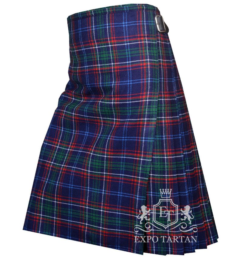 Men's Massachusetts Tartan Kilt showing traditional knife pleats and black leather side straps in a deep navy blue and green sett, intricately intersected by bright red and light blue overcheck
