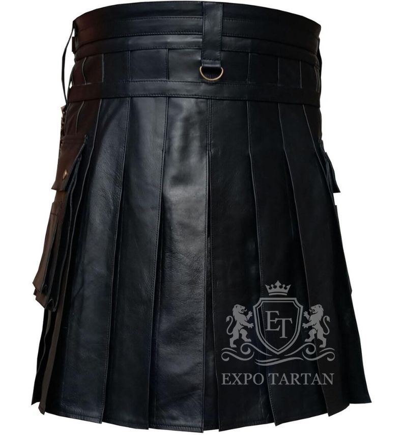 Men’s Black Leather Fashion Utility Kilt – Steampunk, Wedding & Gothic Outfit