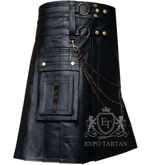 Men’s Black Leather Fashion Utility Kilt – Steampunk, Wedding & Gothic Outfit