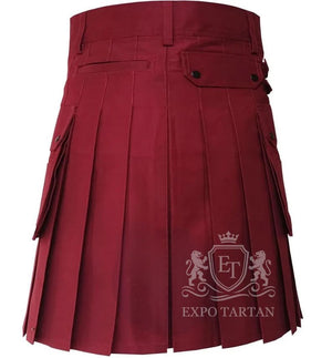 Men's Maroon Cotton Utility Kilt Gothic Cargo Pockets