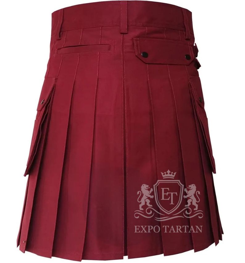 Men's Maroon Cotton Utility Kilt Gothic Cargo Pockets