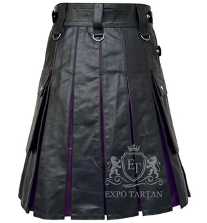 Men's Gothic Black & Purple Leather Utility Kilt