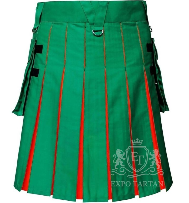 Men's Heavy Cotton Green Hybrid Utility Kilt with Orange Pleats
