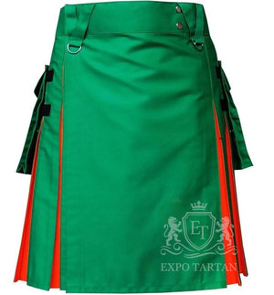 Men's Heavy Cotton Green Hybrid Utility Kilt with Orange Pleats