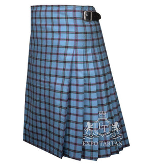 Men's Moriarty Tartan Kilt showing traditional knife pleats and black leather side straps in a vibrant light sky blue sett, intricately intersected by dark grid lines and deep red overcheck