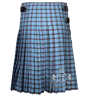 Men's Moriarty Tartan Kilt showing traditional knife pleats and black leather side straps in a vibrant light sky blue sett, intricately intersected by dark grid lines and deep red overcheck
