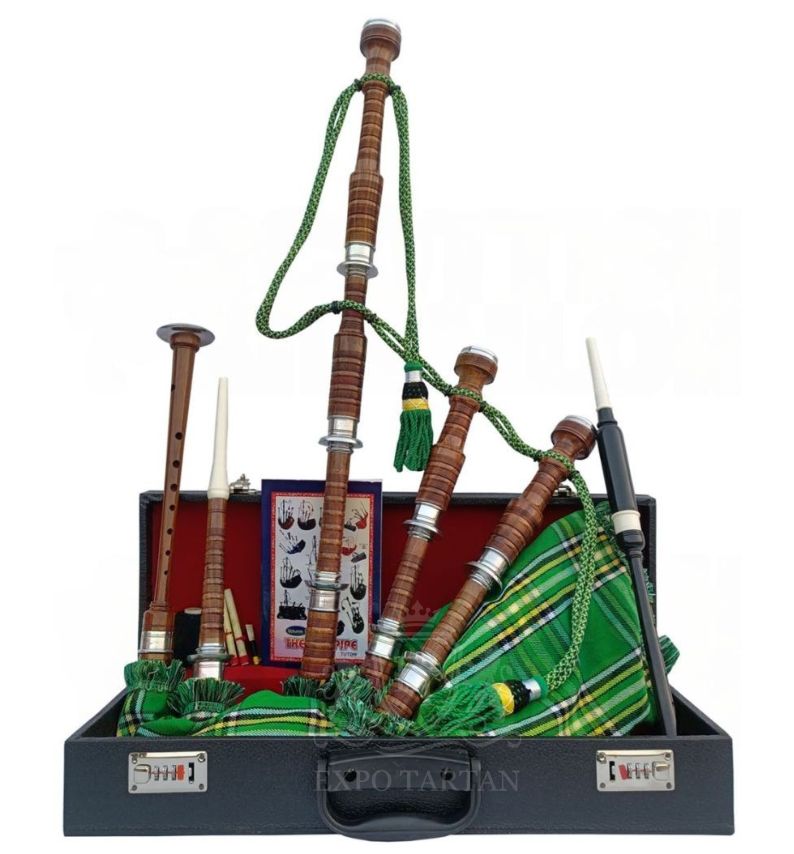 National Irish Tartan Bagpipe Set Brown & Silver Finish With Hard Case