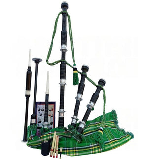 National Irish Tartan Black With Silver Finish Bagpipe Set With Hard Case