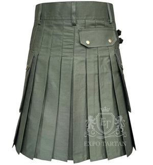 Olive Green Utility Kilt Men's Modern Workwear Kilt with Cargo Pockets