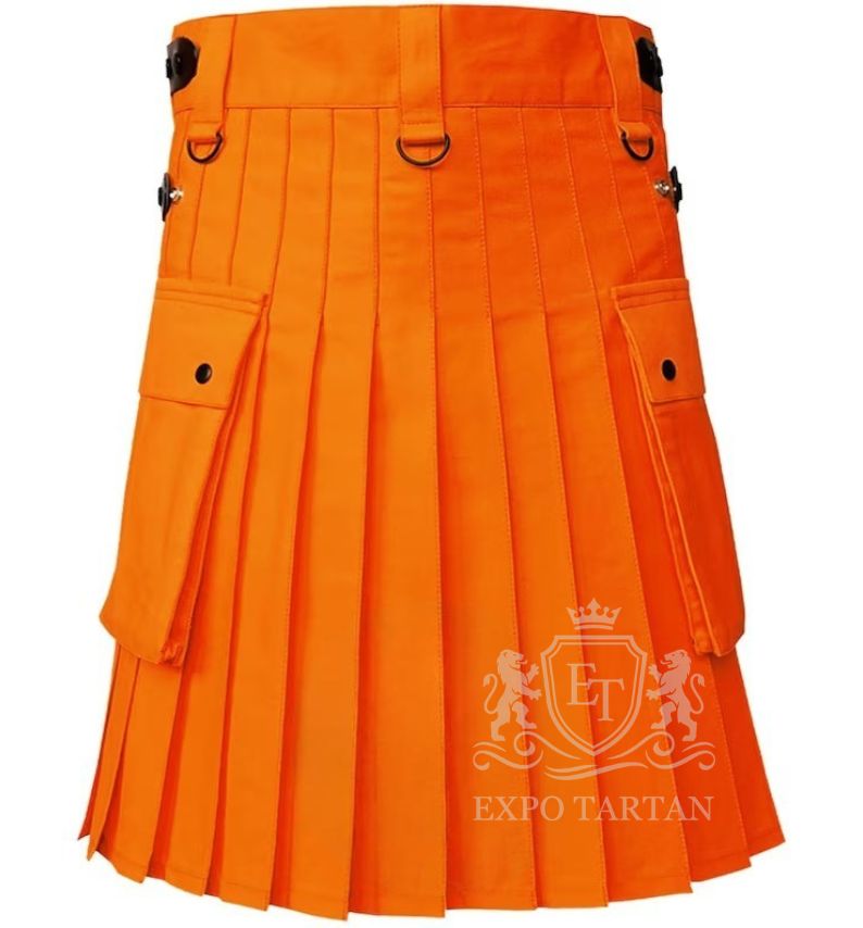 Orange Cotton Utility Kilt Gothic Punk Leather Straps with Cargo Pocket
