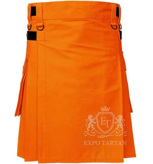Orange Cotton Utility Kilt Gothic Punk Leather Straps with Cargo Pocket