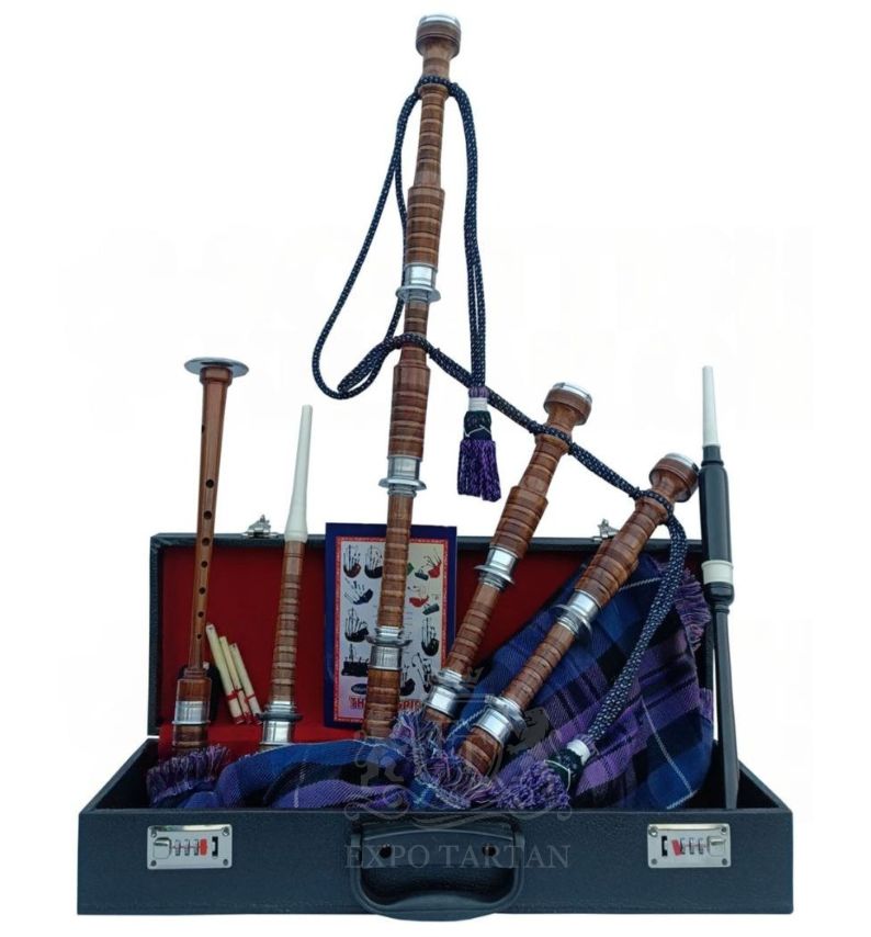 Pride of Scotland Tartan Bagpipe Set Brown & Silver Finish With Hard Case