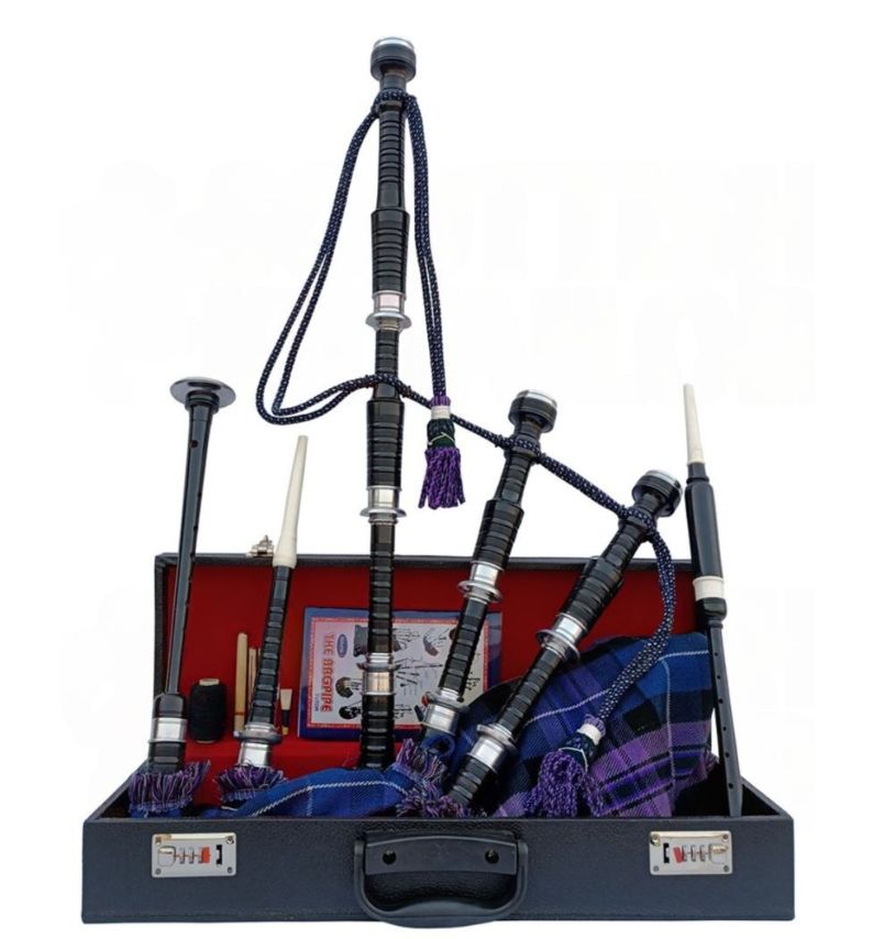 Pride of Scotland Tartan Black With Silver Finish Bagpipe Set With Hard Case