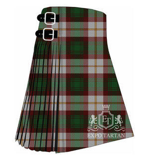 Men's Prince Edward Island Dress Tartan Kilt showing traditional knife pleats in deep rust red and forest green with a golden-yellow and white overcheck