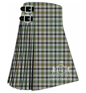 Men's Puffin Tartan Kilt showing traditional knife pleats in a light grey sett with black and brown bands, accented by a green and white overcheck