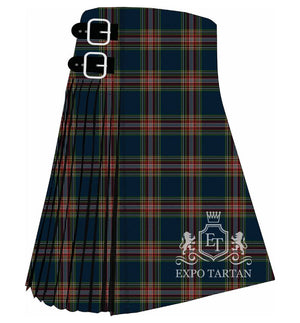 Men's Queanbeyan Tartan Kilt showing traditional knife pleats in a deep navy blue sett with red, white, green, and gold intersecting lines