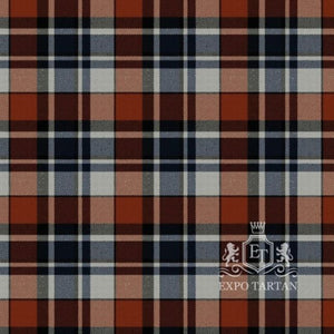 Men's Quebec Centennial Dress Tartan Kilt showing a rust-red and navy blue sett with wide light grey bands and a fine white overcheck
