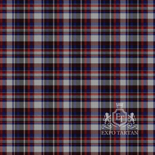 Quebec Centennial Swatch fabric by Expo Tartan, featuring a traditional grey base with navy, black, white, and red plaid pattern.