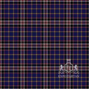 Men's Queen Mary RMS Swatch showing a deep navy blue and black sett with grey, white, red, and golden-yellow intersecting lines.